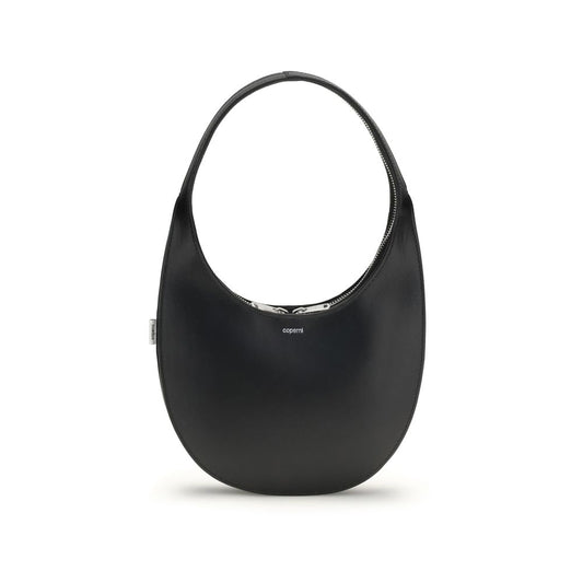 Coperni Black Leather Shoulder Bag with arched handle and discreet embossed logo, featuring a 360° hidden silver-tone zip.