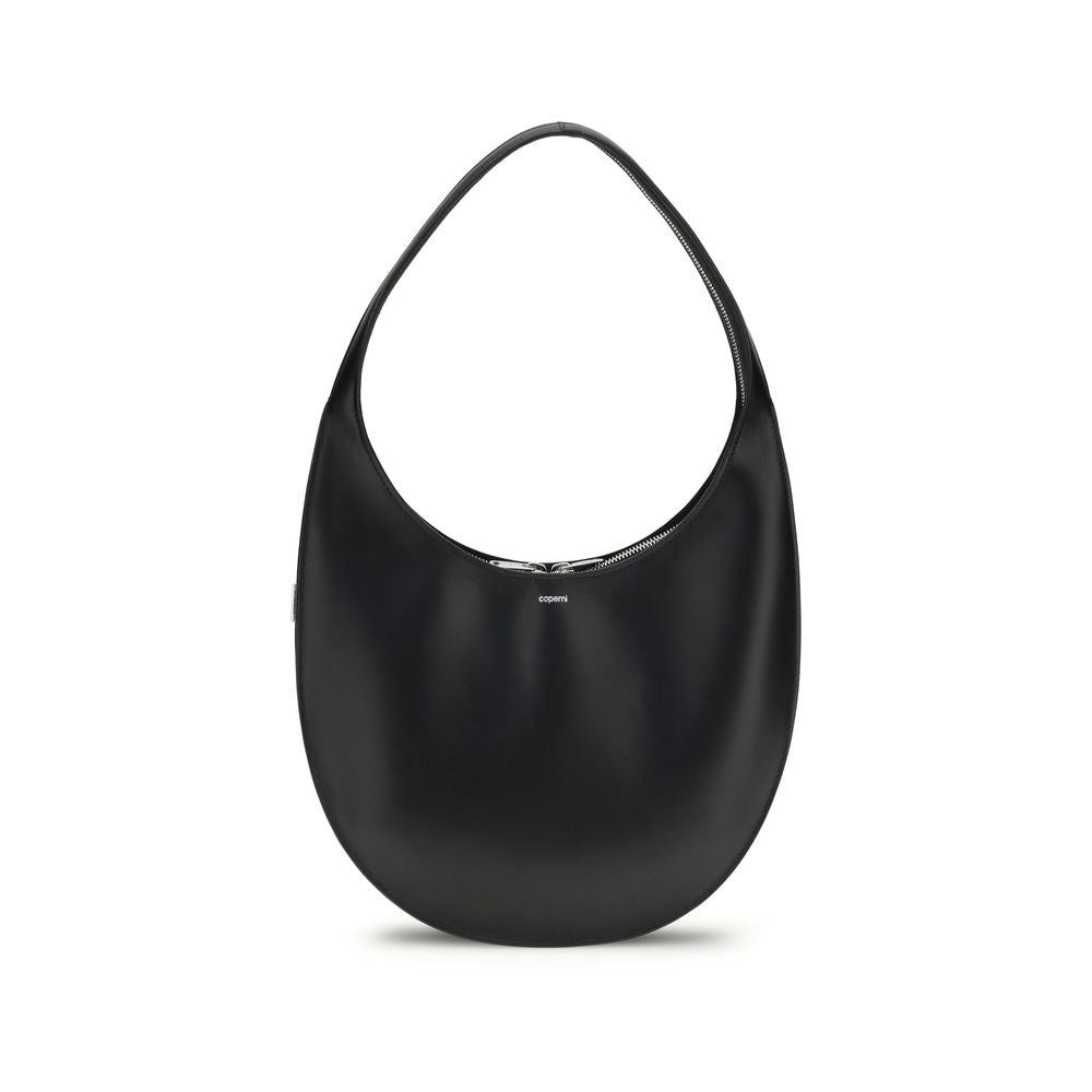 Coperni Black Calf Leather Bos Taurus Shoulder Bag with zipper closure and logo front, showcasing sleek contemporary design and functionality.