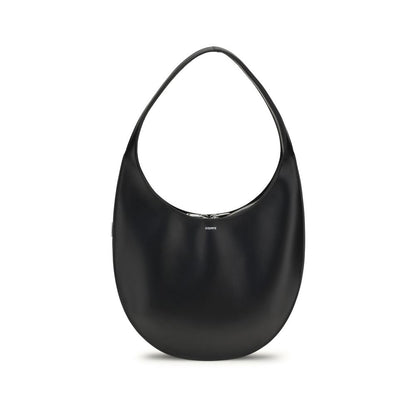 Coperni Black Calf Leather Bos Taurus Shoulder Bag with zipper closure and logo front, showcasing sleek contemporary design and functionality.