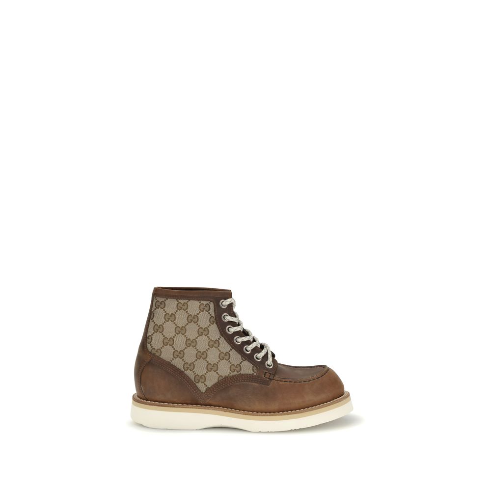 Gucci Brown Leather Lace-Up Boots with GG fabric insert and Goodyear sole, luxury footwear AW25 season.