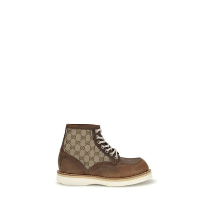 Gucci Brown Leather Lace-Up Boots with GG fabric insert and Goodyear sole, luxury footwear AW25 season.