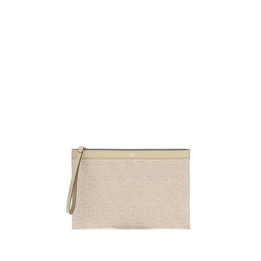 Fendi Cream Cotton Clutch Bag with FF motif embroidery, leather wrist strap, and zip closure, showcasing Fendi Roma print, AW25 collection.