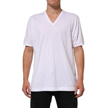Dolce & Gabbana White Cotton V-Neck Short Sleeves T-shirt displayed on model, showcasing its classic design and regular fit.