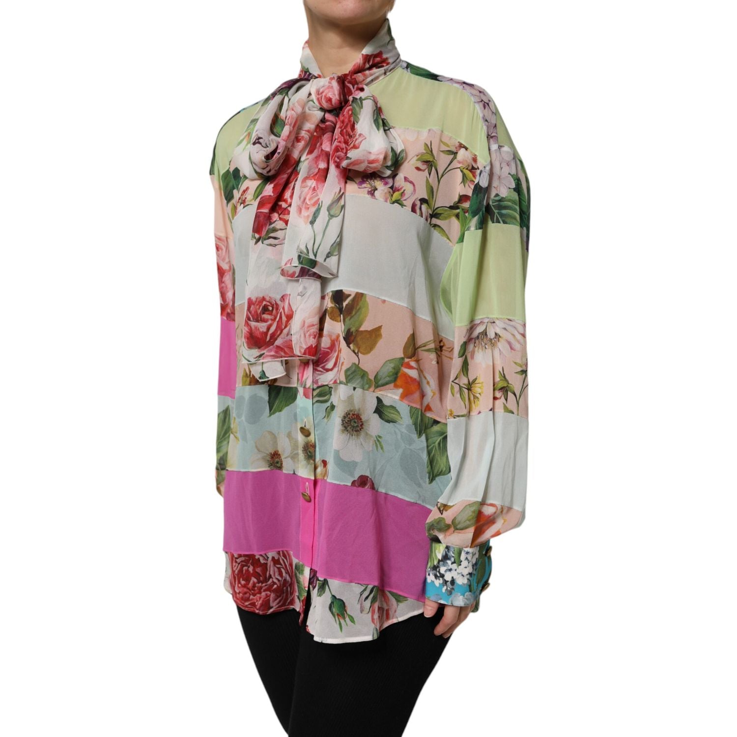 Dolce & Gabbana Multicolor Floral Patchwork Ascot Collar Top