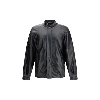 MM6 Black Polyester Bomber with stand collar and buckle, featuring tone-on-tone stitching and signature white stitch line at the back.