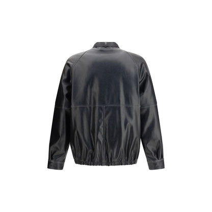 Back view of MM6 Black Polyester Bomber jacket with stand collar and elasticated hem.