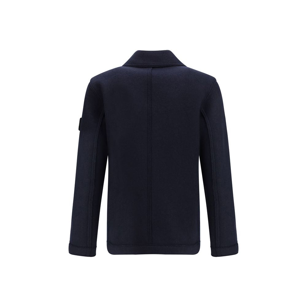 Back view of Stone Island Blue Fleece Wool Coat with signature badge on sleeve, showcasing oversized fit and premium wool material.