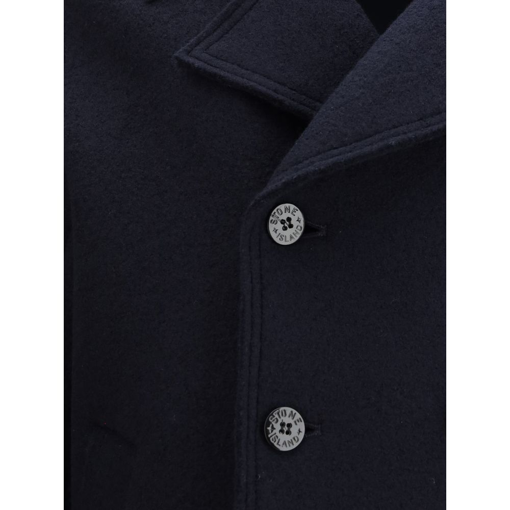 Close-up of Stone Island Blue Fleece Wool Coat with snap-button closure featuring Stone Island logo buttons.