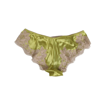 Dolce & Gabbana Green Silk Satin Floral Lace Trim Panty Underwear with elegant lace details, crafted in Italy for timeless sophistication.