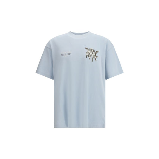 Represent Light Blue Cotton T-Shirt with cherub graphic and ribbed collar detail, featuring oversized fit and metal bar hem accent.