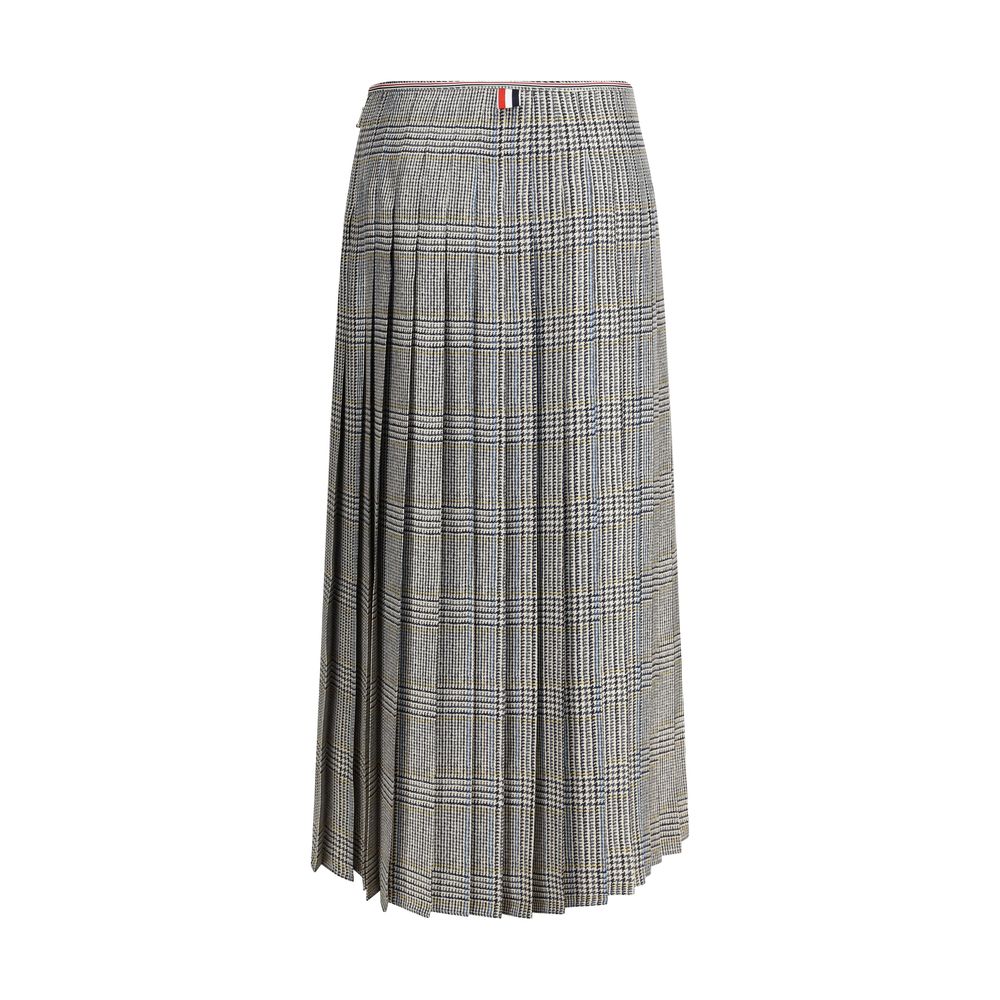 Thom Browne Multicolor Silk Midi Skirt with side zip and bow, featuring signature striped grosgrain loop tab. 100% silk, elegant and timeless.