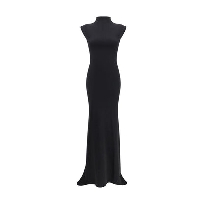 Jacquemus Black Viscose Cocktail Dress with high neckline, cap sleeves, and ruched back detailing. Elegant slim fit for formal occasions.