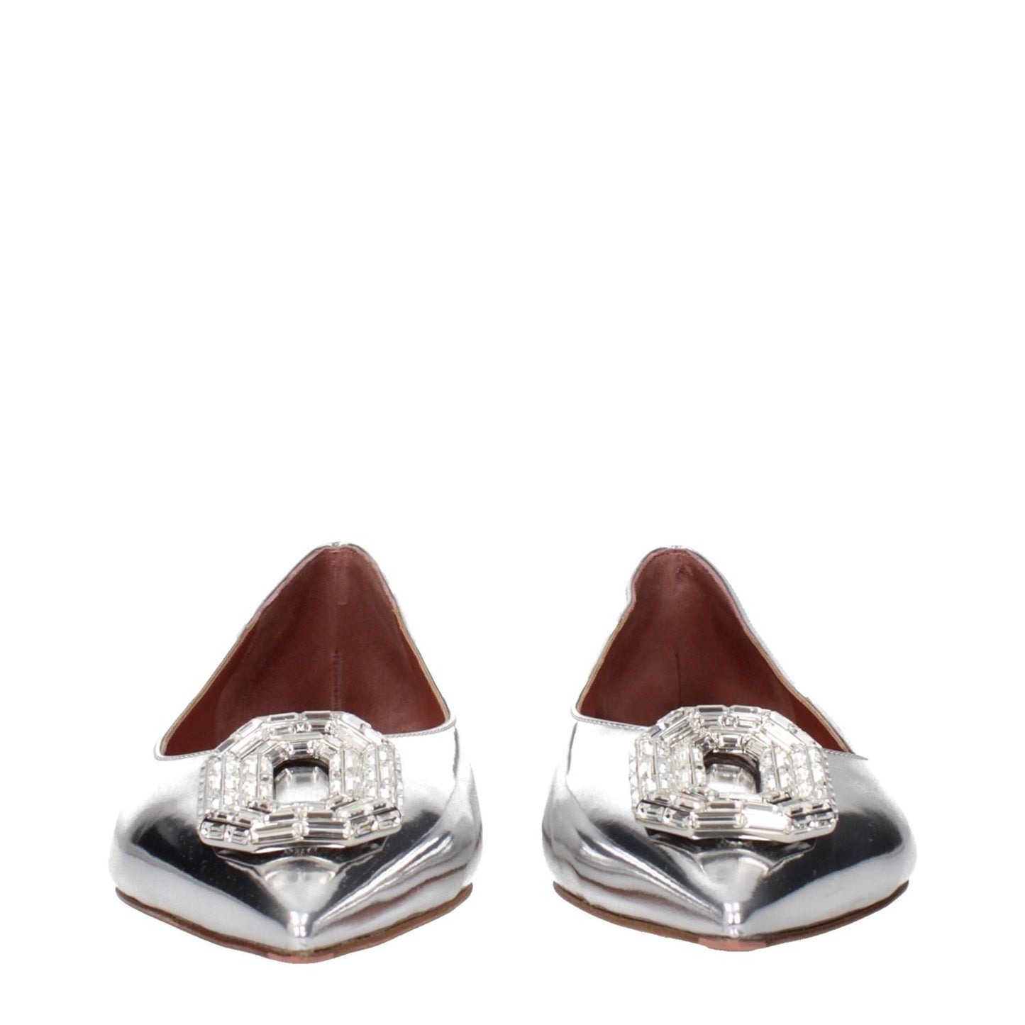 Amina Muaddi Gray Leather Ballet Flats with rhinestone detail, pointy toe, low flat heel, MPN CAMELIAFLATMIRRORSILVER F84588.