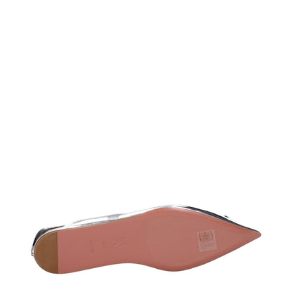 Amina Muaddi Gray Leather Ballet Flats showing leather sole with pointy toe and rhinestone front detail, low flat heel, MPN CAMELIAFLATMIRRORSILVER.