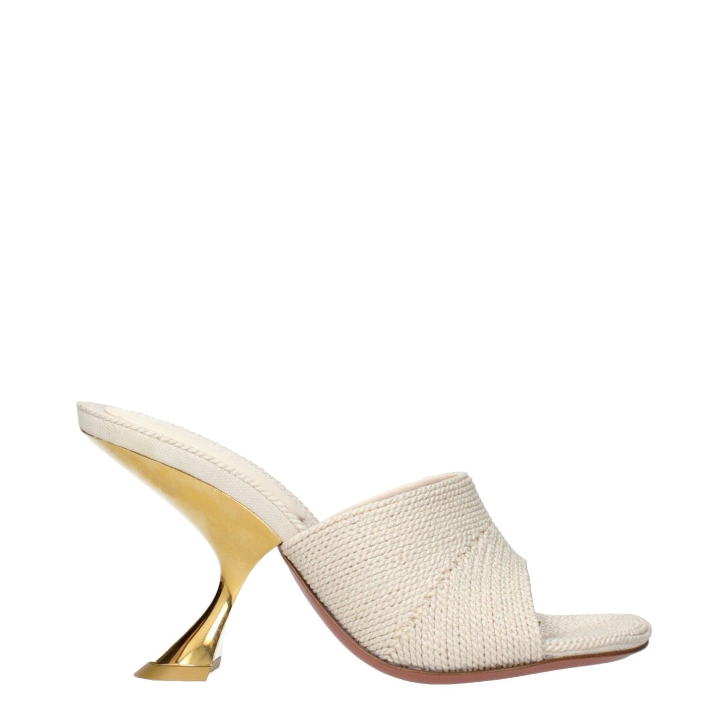 Amina Muaddi Beige Fabric Slippers with unique gold heel and woven beige design, MPN TAYLORWOVENSLIPPERWOVENBEIGE.