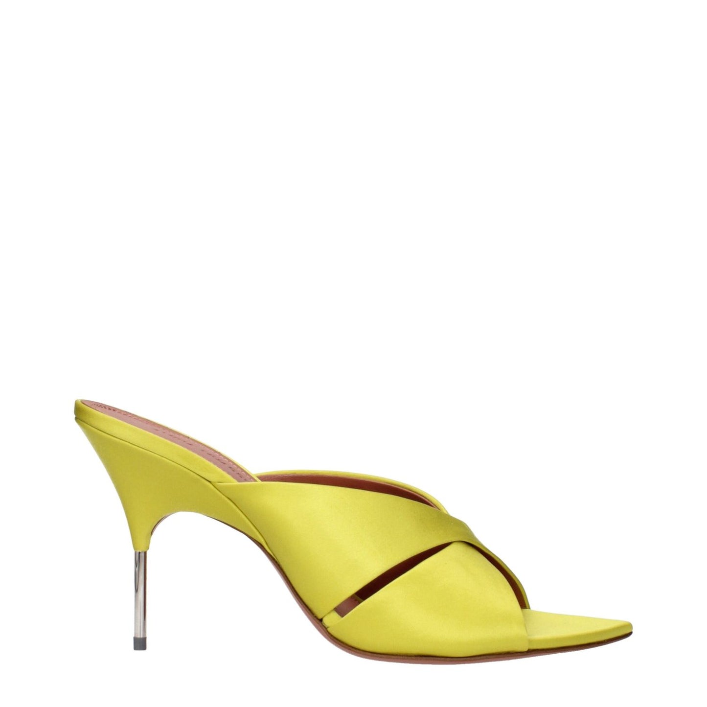 Amina Muaddi Green Satin Stiletto Heel Sandals featuring a sleek design with high heel and lime green satin finish.