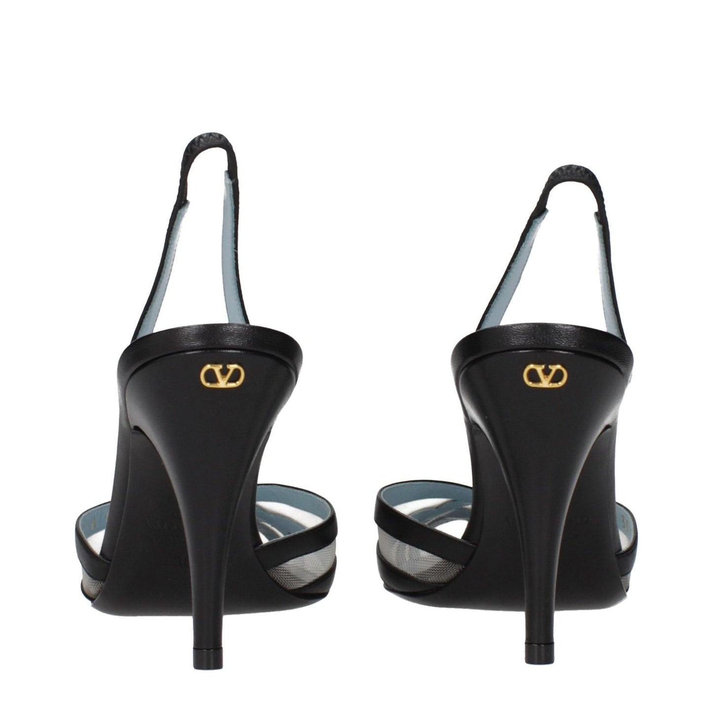 Back view of Valentino Garavani Black Leather High Heel Pumps with gold logo and pointy toe design.