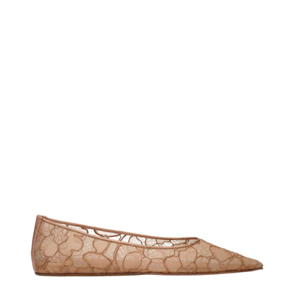 Amina Muaddi Beige Fabric Ballet Flats with lace design, product code F84599, side view of stylish women's footwear.