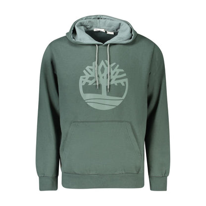 Timberland Green Cotton Men Sweater with logo, long sleeves, and central pocket, perfect for casual wear and style.