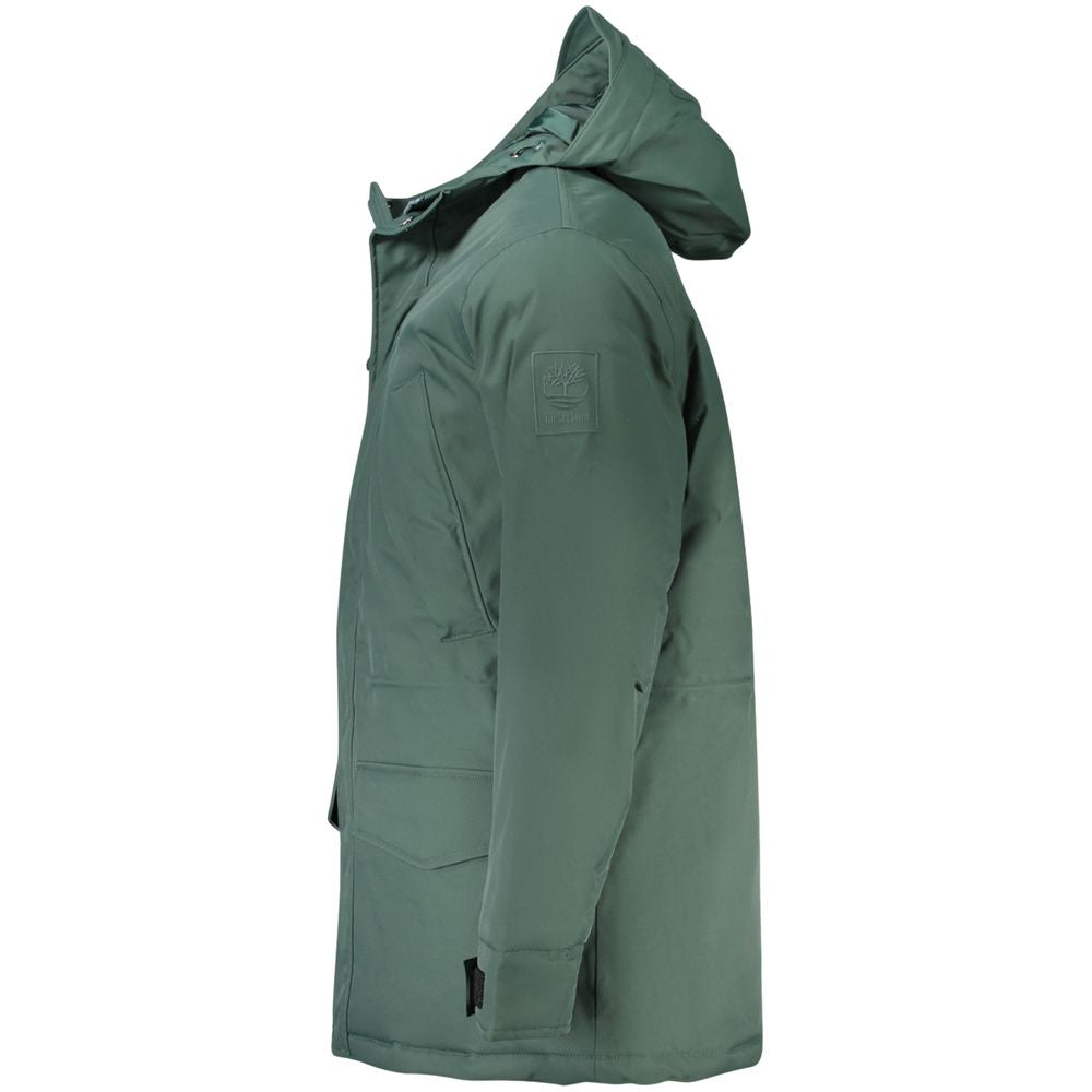 Side view of Timberland Green Polyester Men's Jacket with hood and pockets, showcasing trendy outdoor style.