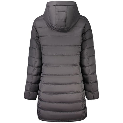 Back view of Pepe Jeans Black Polyamide Women's Jacket with hood, showcasing sleek design and quilting details for stylish outerwear.