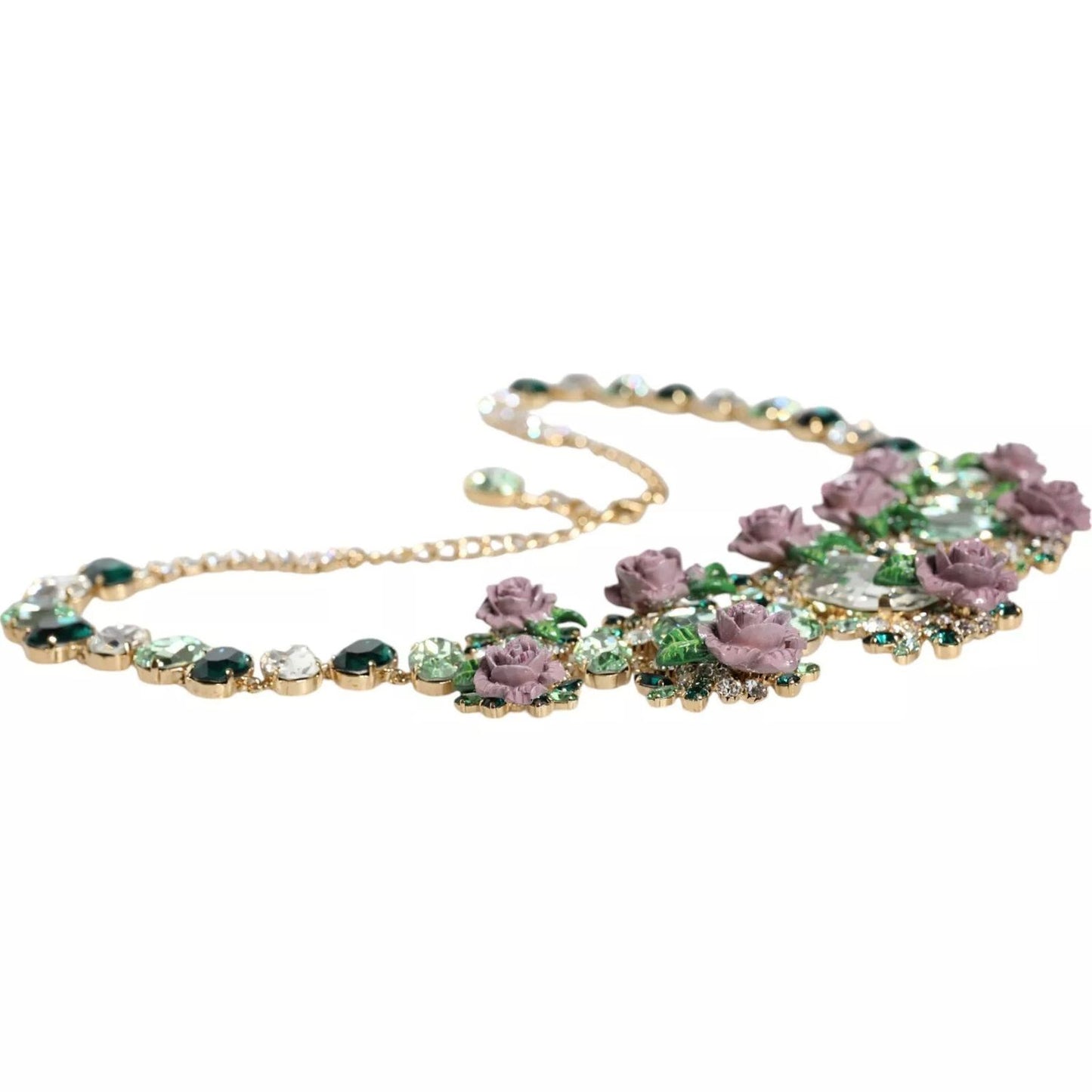 Dolce & Gabbana Gold Brass Link Chain Rose Petal Crystal Necklace