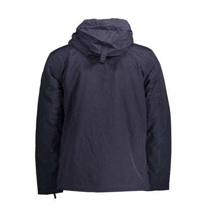 Napapijri Blue Polyamide Jackets & Coat with hood, long sleeves, central pocket, and side zip, 30% recycled materials.