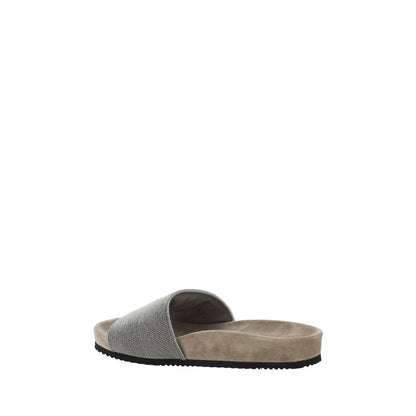 Brunello Cucinelli Brown Calf Leather Bos Taurus Sandals with jewel-adorned front band and suede sole, side view on white background