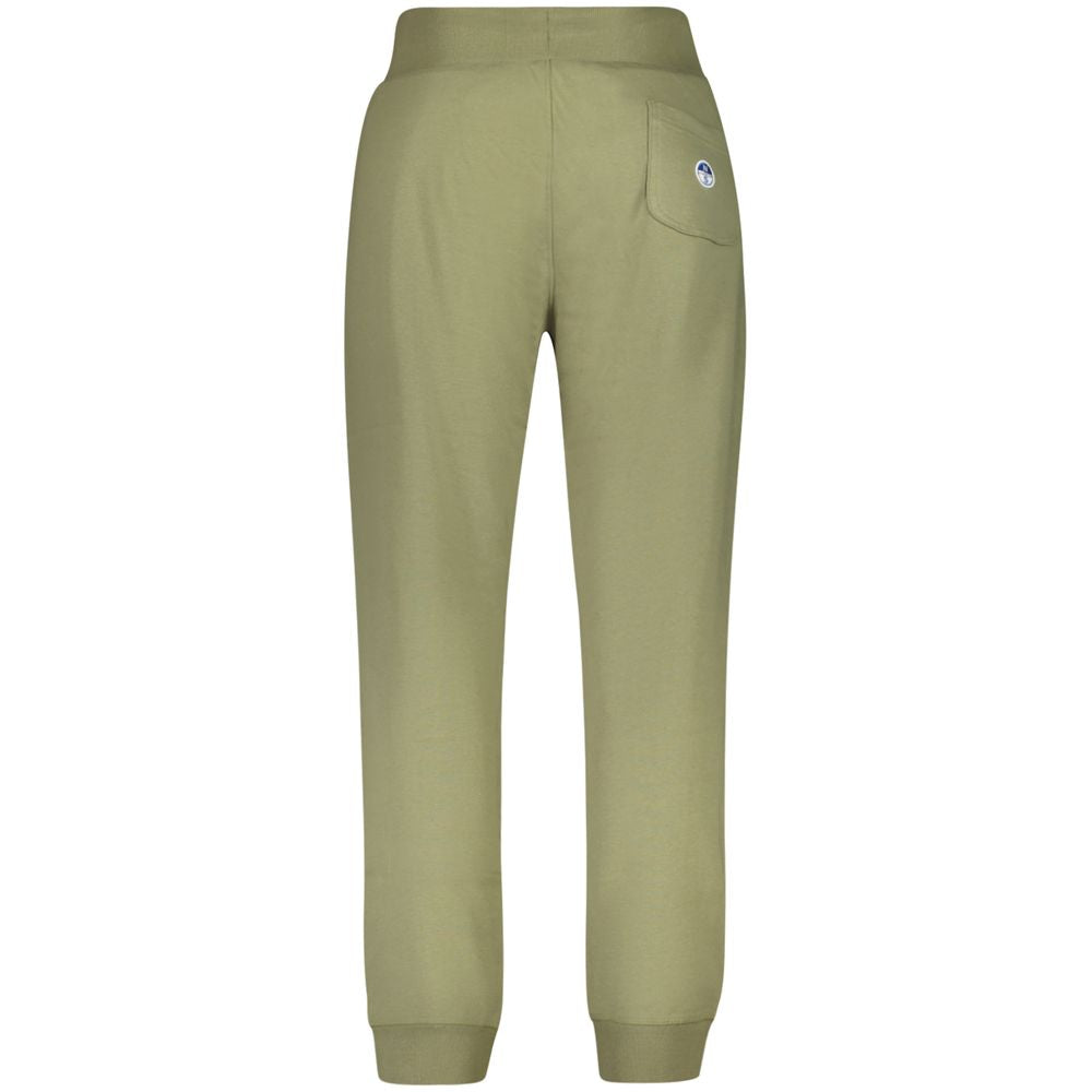 North Sails Green Cotton Pant with elastic waist, brushed finish, ankle cuffs, and logo, featuring 3 pockets and organic cotton material.