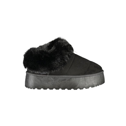 Laura Biagiotti Black Polyester Women Sneaker with fur detail and wedge heel, featuring the iconic Laura Biagiotti logo.