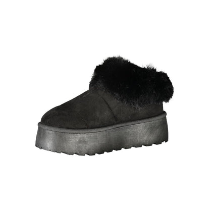 Laura Biagiotti Black Polyester Women Sneaker with fur detail and 4 cm wedge heel