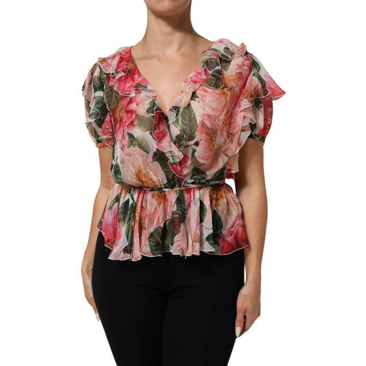 Dolce & Gabbana Pink Camellias Printed Silk V-neck Blouse Top