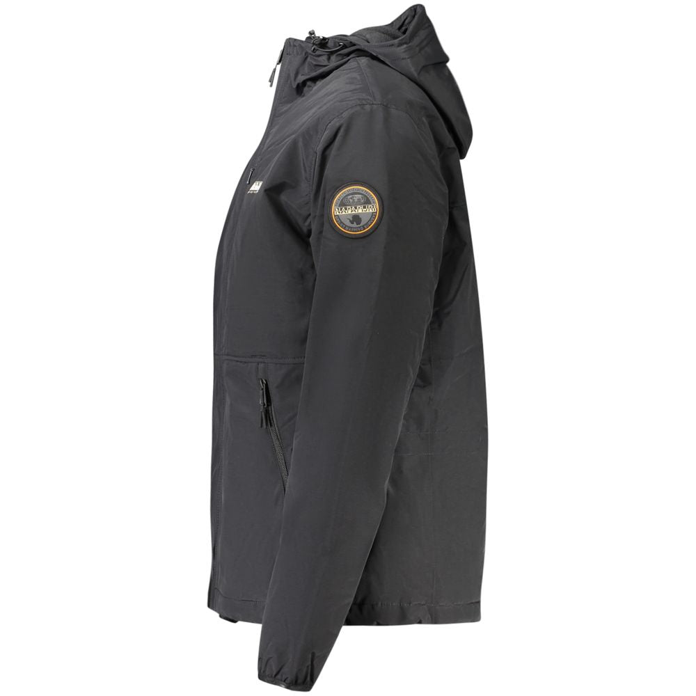 Napapijri Black Polyamide Men Jacket with hood and side logo patch, featuring black color and stylish design for adventurous men.