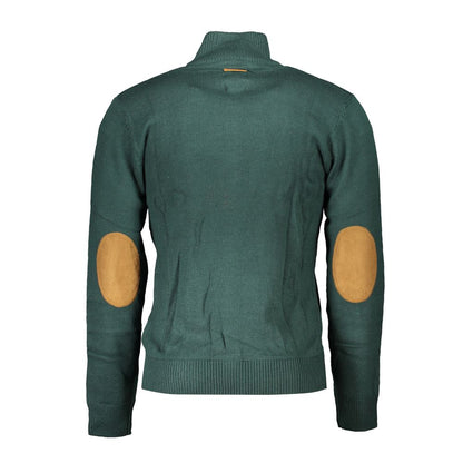 Gianmarco Venturi Green Cotton Sweater with long sleeves, zip, 2 pockets, embroidery, contrast details, and logo on display