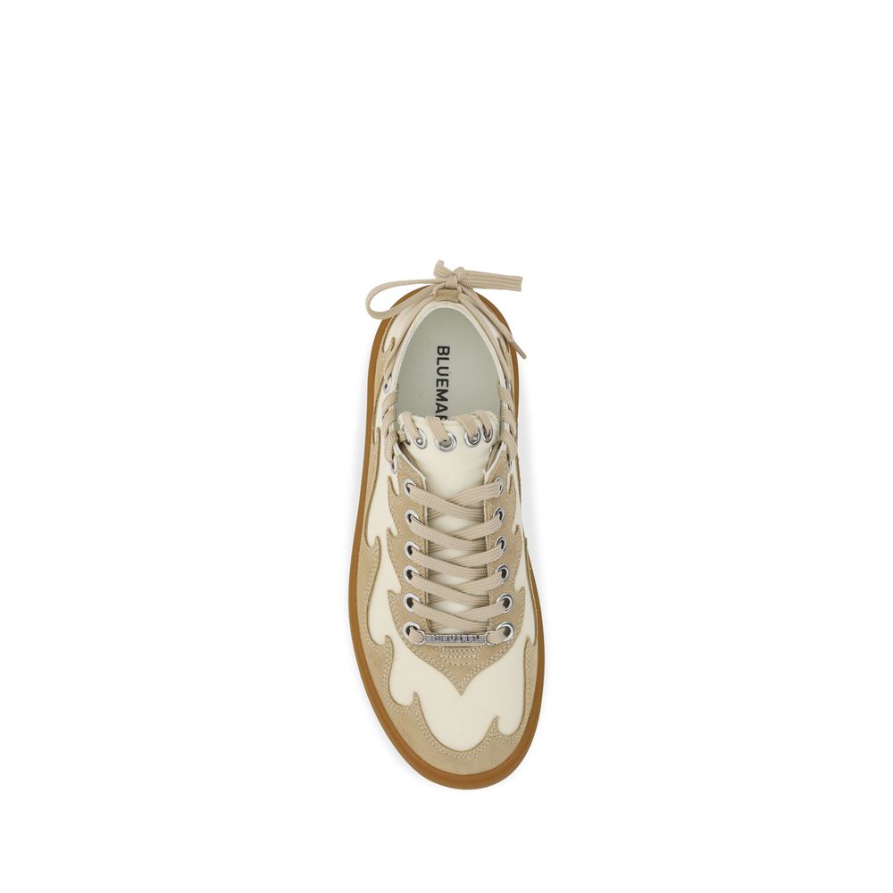 Bluemarble Brown Calf Leather Bos Taurus Low Top Sneakers with flame-shaped suede inserts and distinctive lace-up closure.