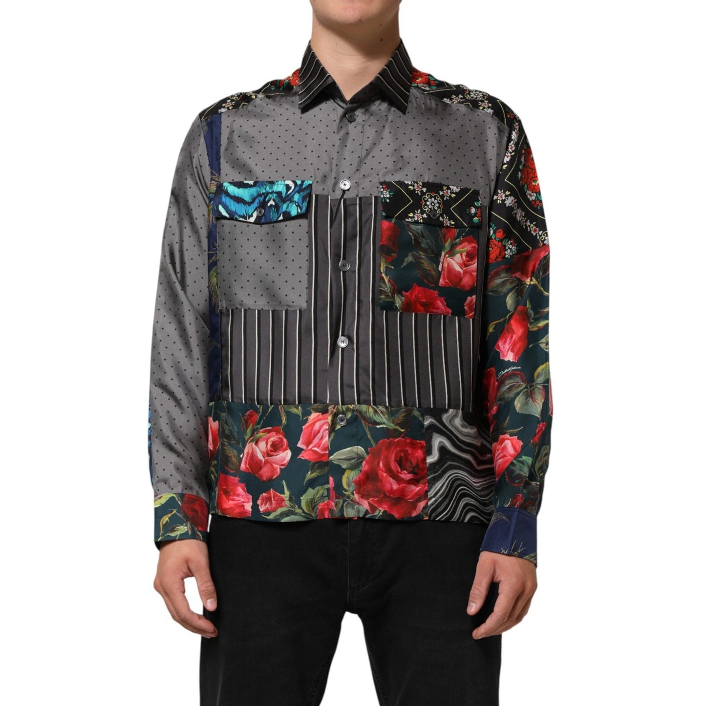 Dolce & Gabbana Multicolor Patchwork Long Sleeves Silk Shirt