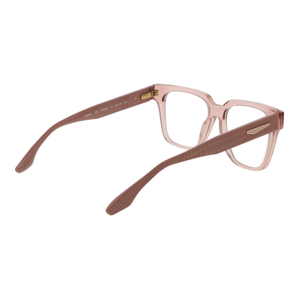 Trussardi Pink Acetate Glasses (Frames) for women in rose color with square full-rim design and spring hinge, shown with demo lenses.