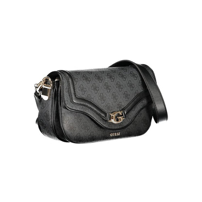 Alt Tag: Guess Jeans Black Polyethylene Handbag with adjustable strap and logo detailing, featuring protective feet and contrasting details.