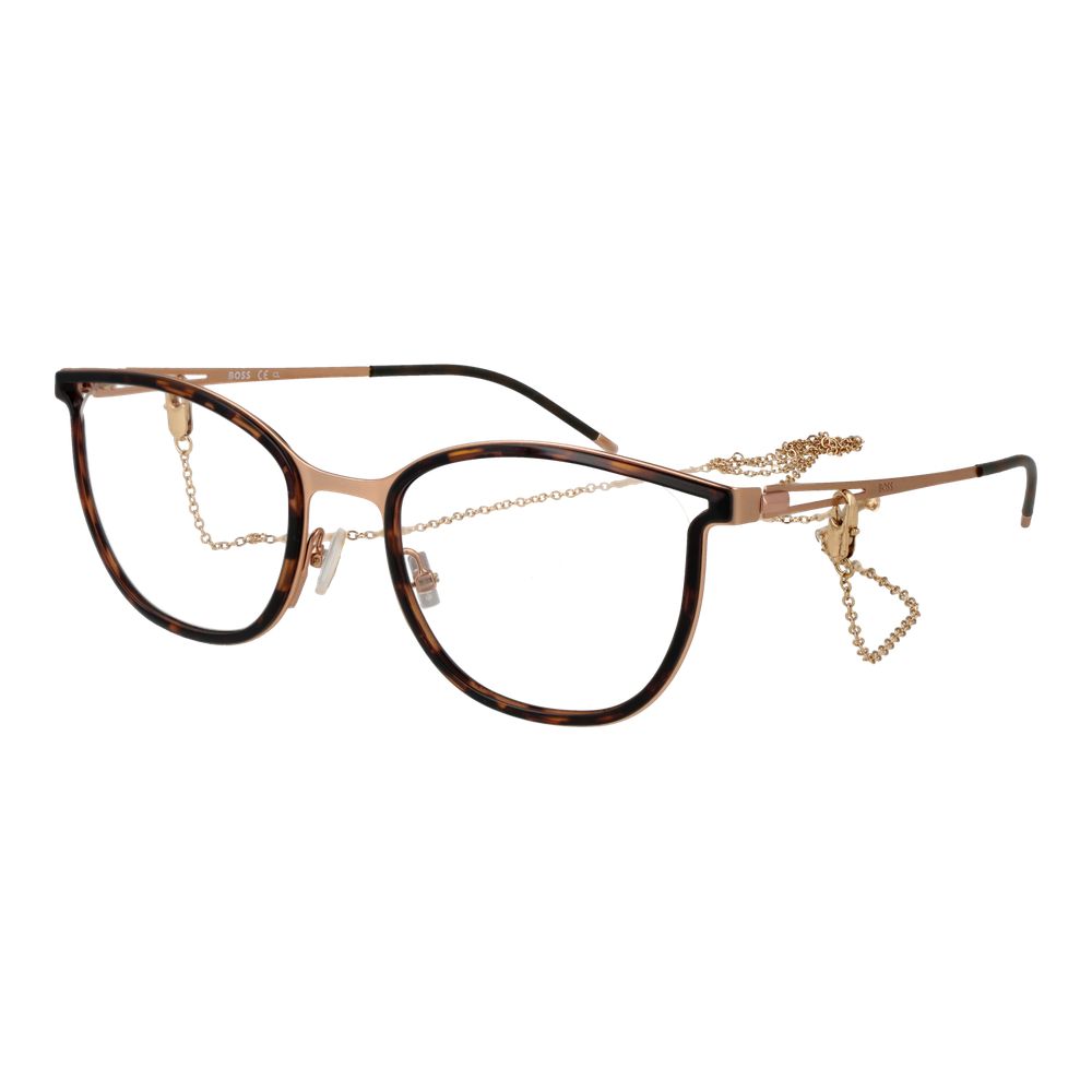 Hugo Boss Gold Stainless Steel Glasses (Frames) for women with butterfly style, full-rim design, and branded case included.