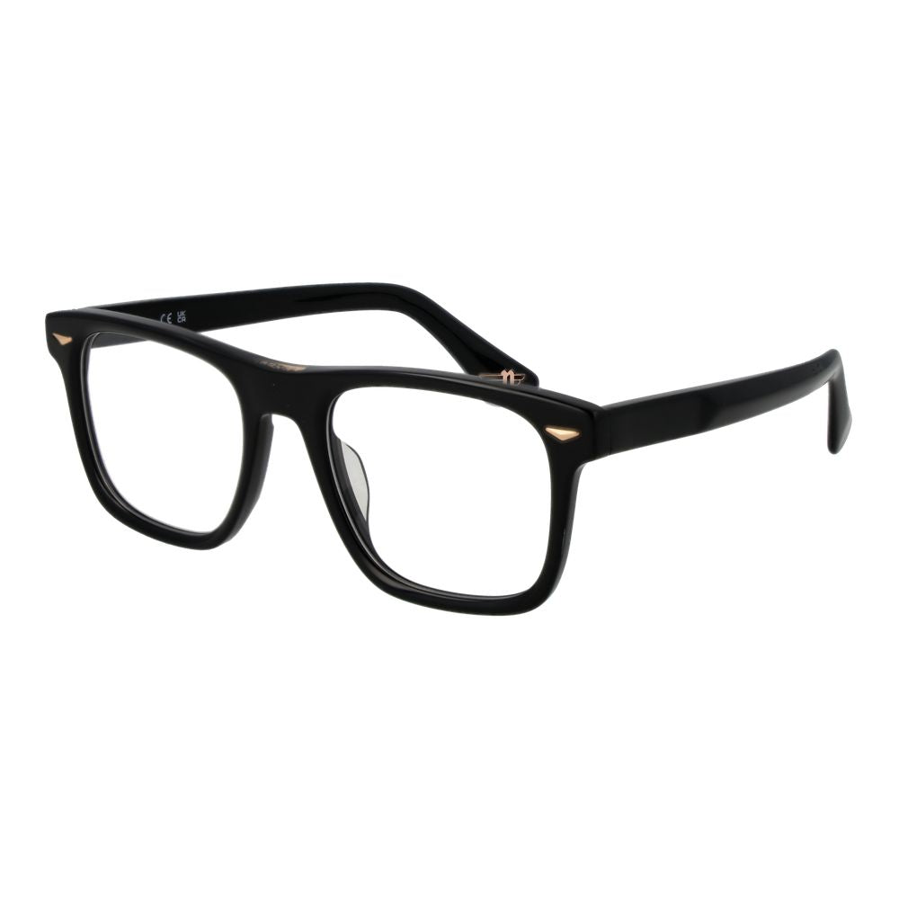Police Black Cellulose Acetate Glasses (Frames) for men with full-rim black rectangle design, demo lenses, and branded case included.