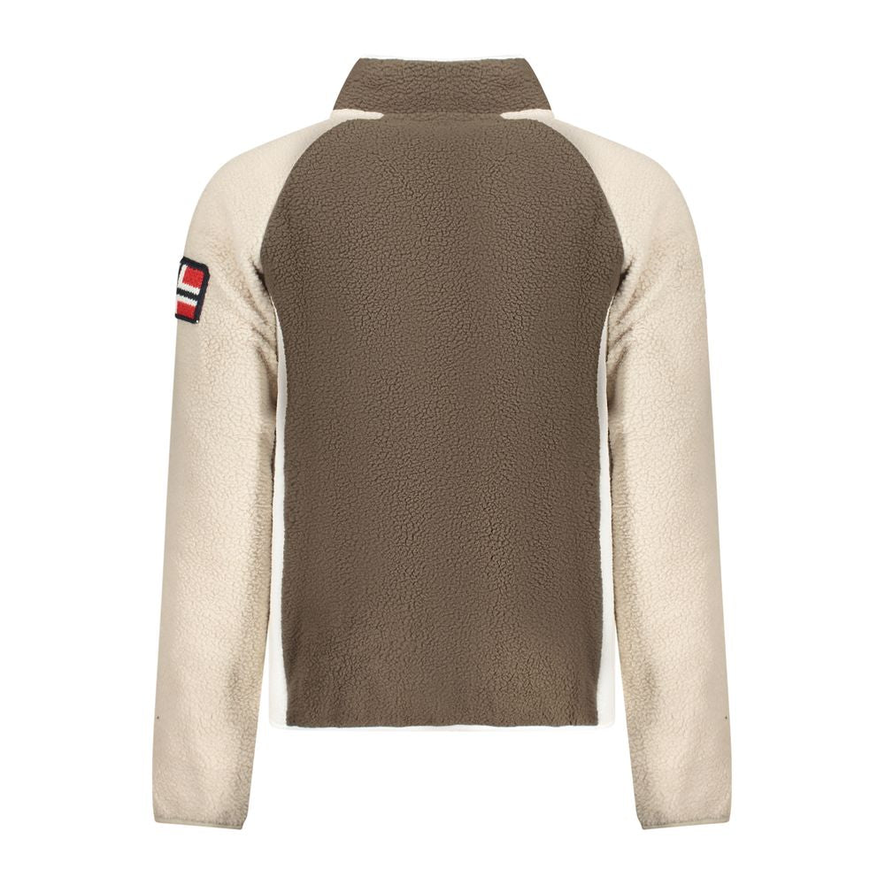 Norway 1963 Brown Polyester Men Sweater with fleece fabric and contrasting sleeves.
