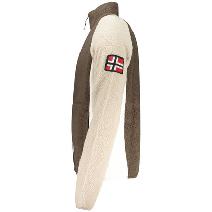 Side view of Norway 1963 Brown Polyester Men Sweater with fleece fabric and signature embroidery on sleeve.
