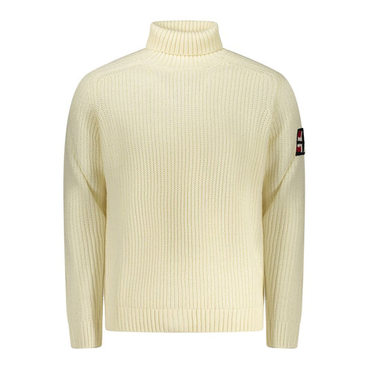 Norway 1963 White Wool Men Sweater with turtleneck and marabou embroidery logo on sleeve, elegant and timeless fashion piece.