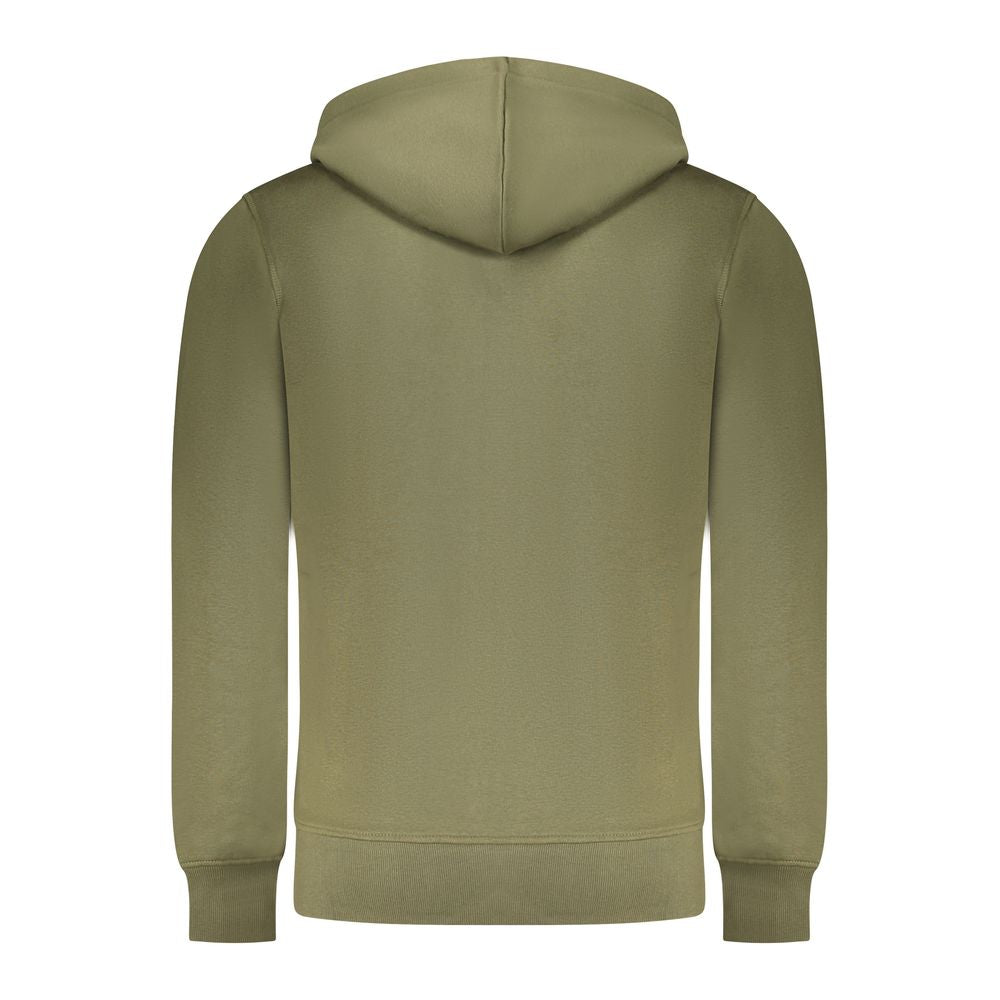 Back view of Rifle Green Cotton Men Sweater showcasing hoodie and sleek design.