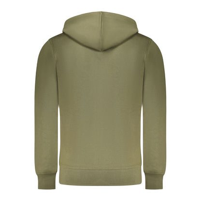 Back view of Rifle Green Cotton Men Sweater showcasing hoodie and sleek design.
