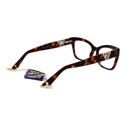 Guess Brown Acetate Glasses (Frames) for women, full-rim cat eye with branded case, spring hinge, and pendant, brown acetate frame.