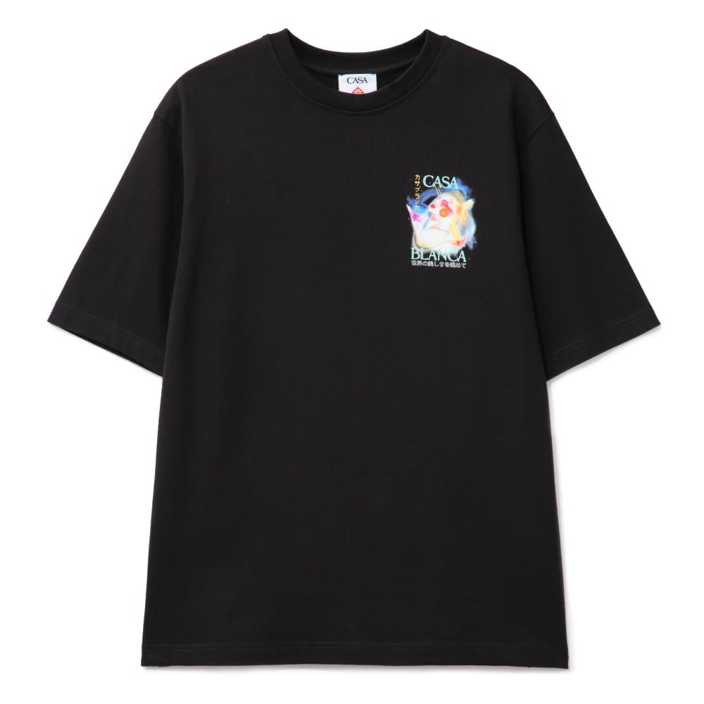Alt Tag: Casablanca Black Cotton T-Shirt with colorful front print, short sleeves, and crew neck.
