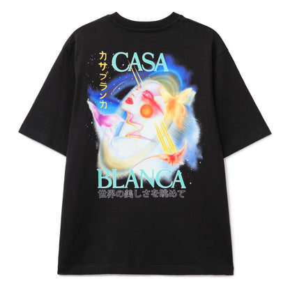 Casablanca Black Cotton T-Shirt with vibrant front and back print, featuring artistic design in multicolor on a black background.