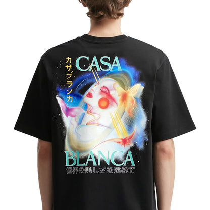 Casablanca Black Cotton T-Shirt with artistic back print, comfortable crew neck, ideal for stylish casual wear.
