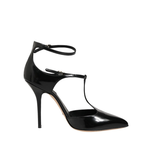 Dolce & Gabbana Black Leather T-STRAPS Heels Sandals Shoes